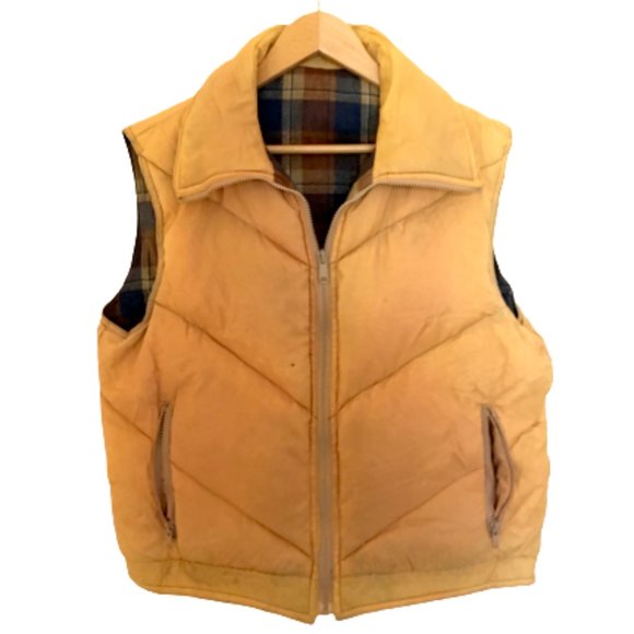 RARE Vintage 70s Plaid Wool Reversible Down Feather Puffer Vest Unisex - Picture 5 of 15